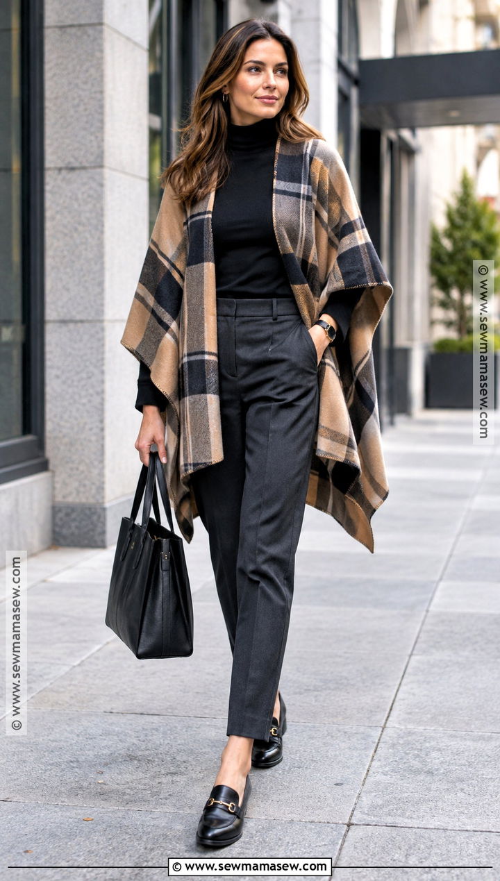 Plaid Poncho Outfit With a Turtleneck and Trousers - 15 Fall Plaid Poncho Ideas