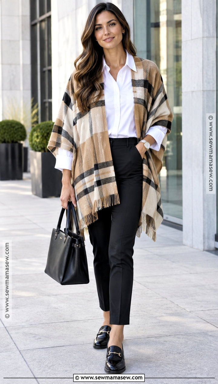 Plaid Poncho Outfit With a White Shirt - 15 Fall Plaid Poncho Ideas