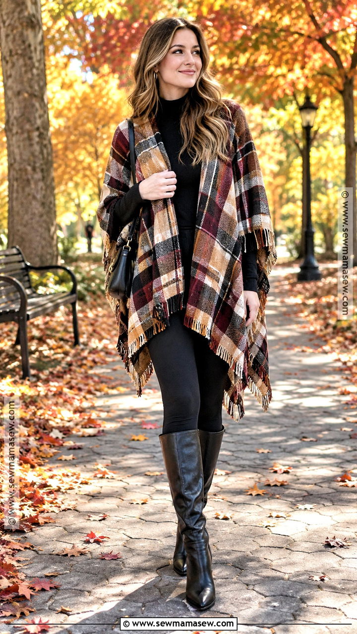 Plaid Poncho With Black Leggings And Knee High Boots - 20 fall poncho ideas