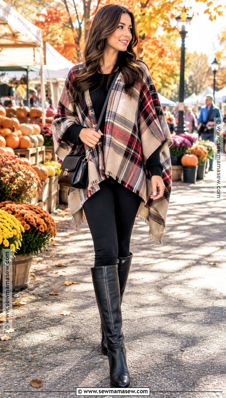 Plaid Poncho With Black Leggings - 20 fall poncho outfits