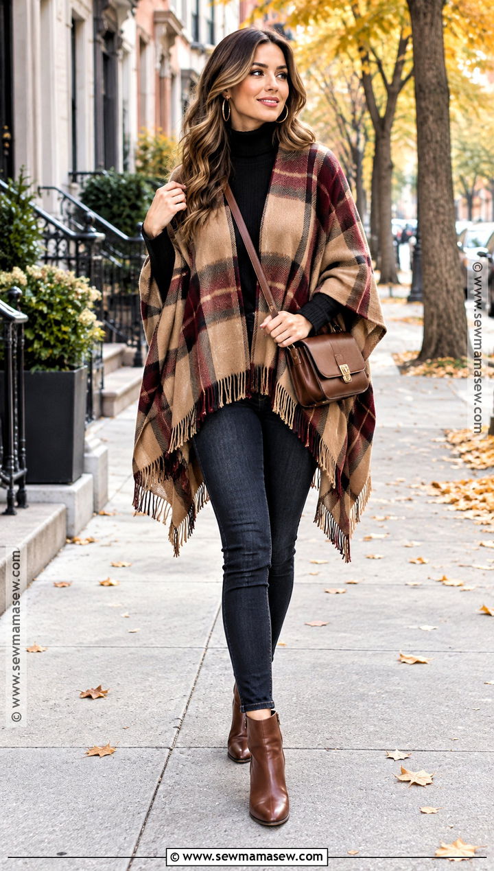 Plaid Poncho With Skinny Jeans And Ankle Boots - 15 fall fashion poncho style ideas