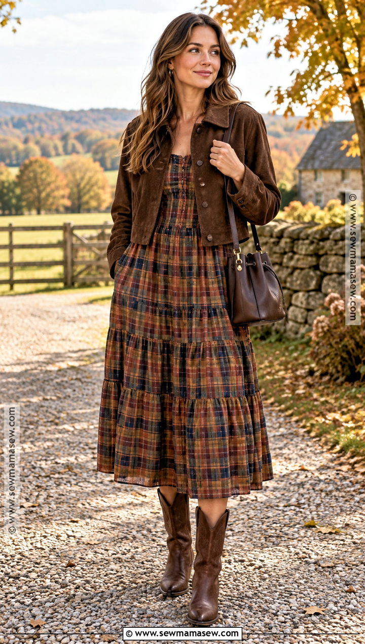 Plaid Prairie Dress With Suede Jacket And Western Boots - 20 plaid dress outfit fall ideas
