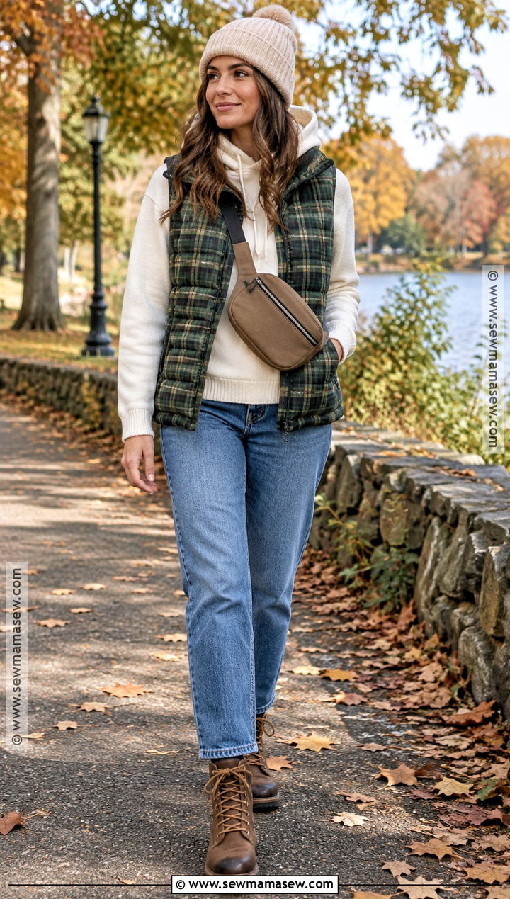 Plaid Puffer Vest With Hoodie And Jeans - 25 fall plaid ideas