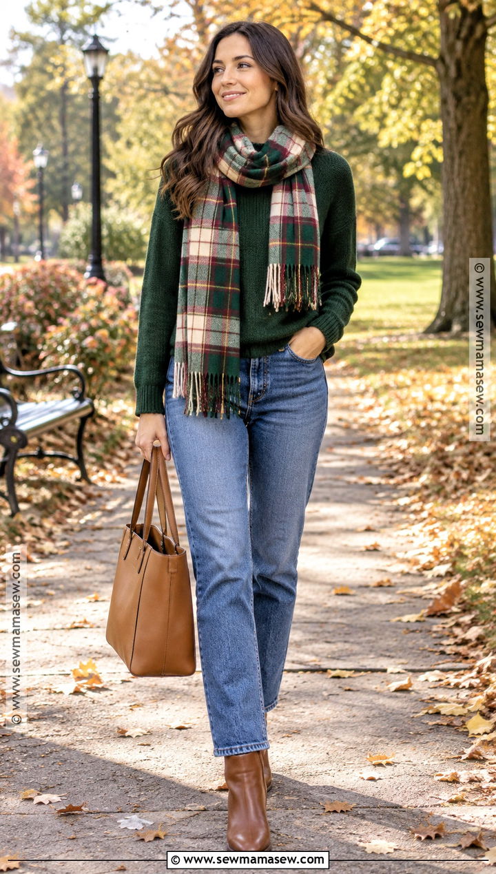 Plaid Scarf With A Sweater And Jeans - 15 Fall Plaid Fashion Style Ideas