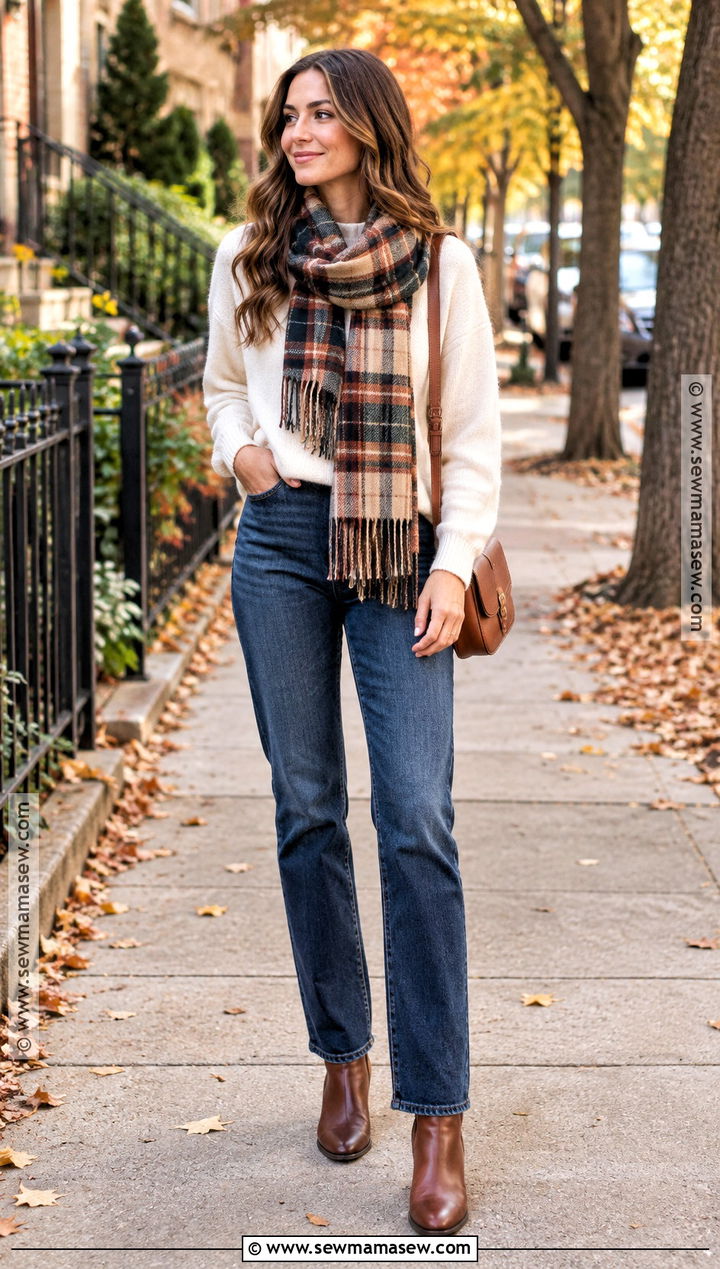Plaid Scarf With Sweater and Jeans - 20 Fall Outfits Scarf