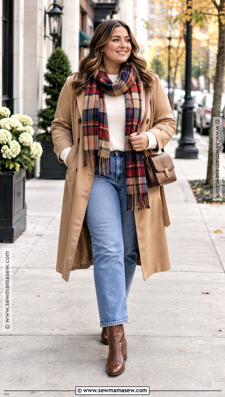 Plaid Scarf With Trench Coat And Jeans - 25 fall scarf ideas