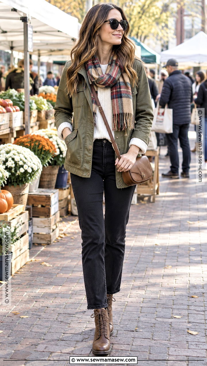 Plaid Scarf With Utility Jacket And Black Jeans - 15 Fall Outfit Ideas With Scarves