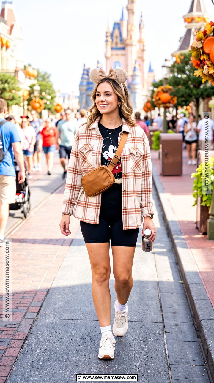 Plaid Shacket And Black Biker Shorts Disney World Fall Outfit - 20 Disney World Outfits Fall