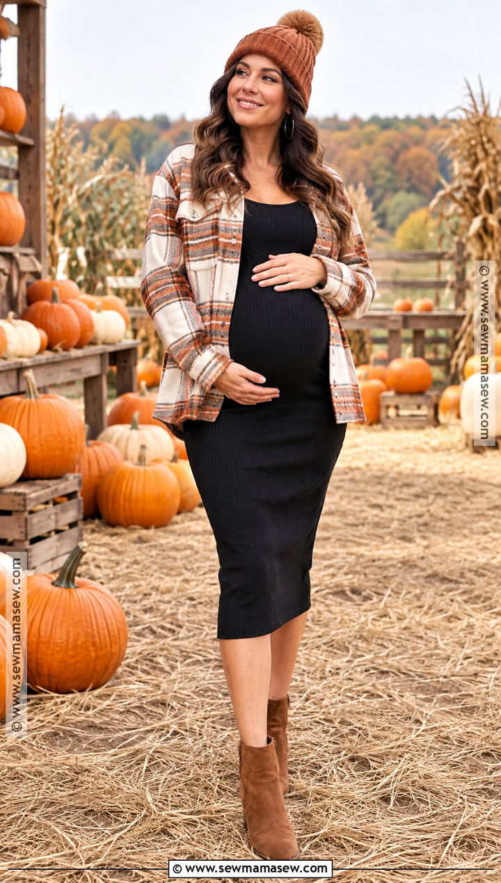 Plaid Shacket And Black Dress Maternity Photo Outfit - 15 maternity photo fall outfits