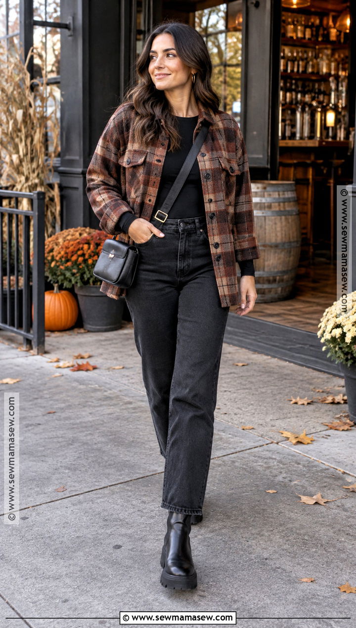 Plaid Shacket And Black Jeans Bar Outfit - 15 bar outfit night fall casual ideas
