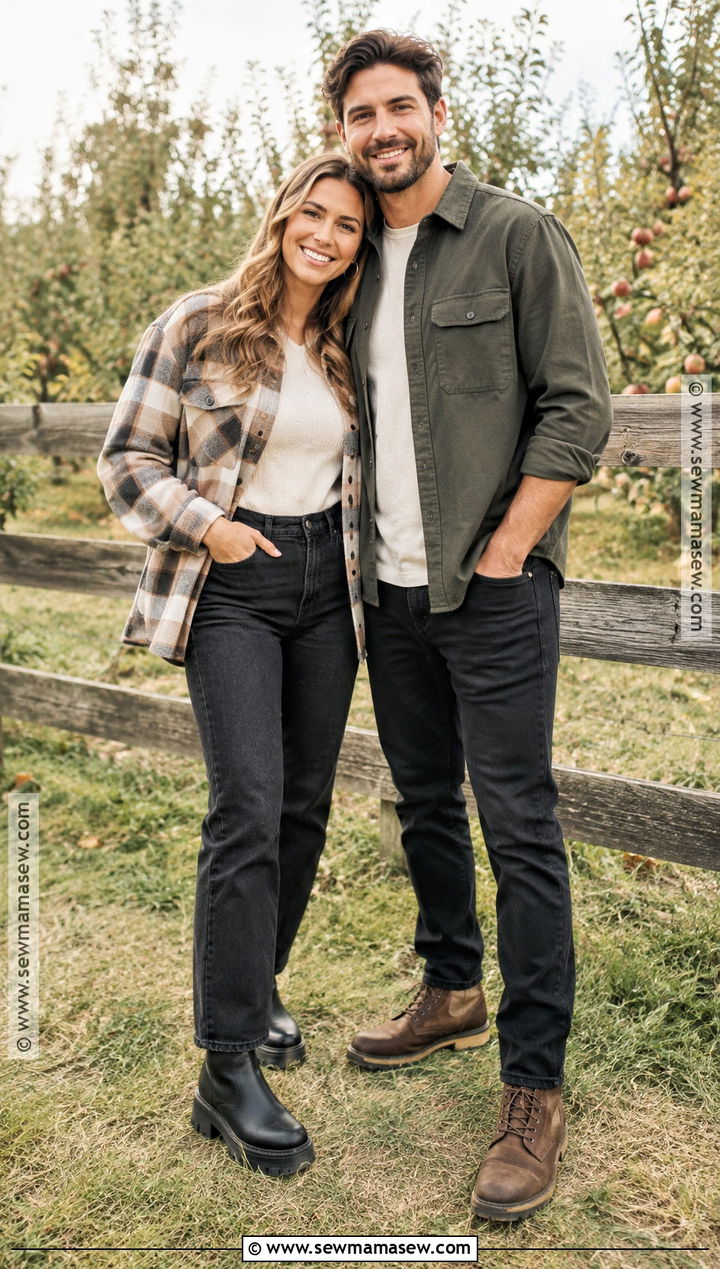 Plaid Shacket And Black Jeans Fall Engagement Outfit - 15 casual engagement pictures outfits fall