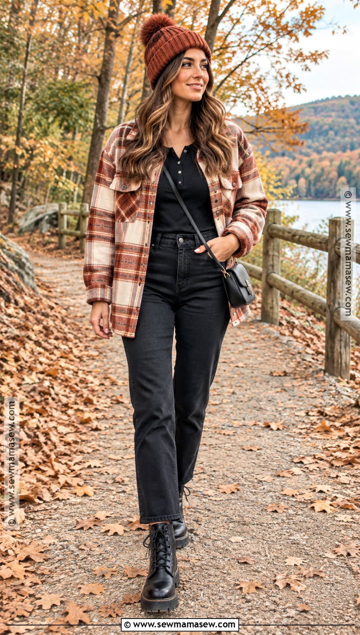 Plaid Shacket And Black Jeans Fall Outfit - 20 cozy fall aesthetic outfit ideas