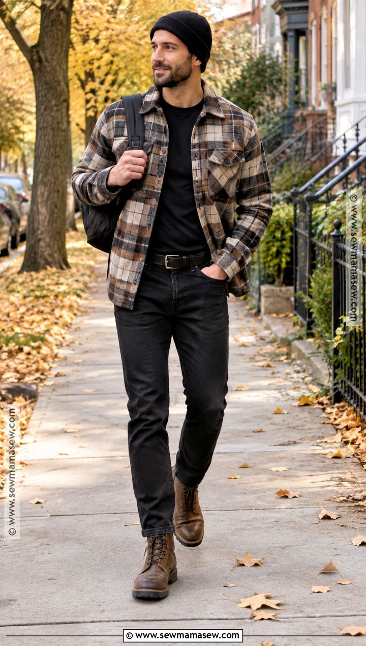 Plaid Shacket And Black Jeans Fall Outfit - 20 mens fall outfit ideas