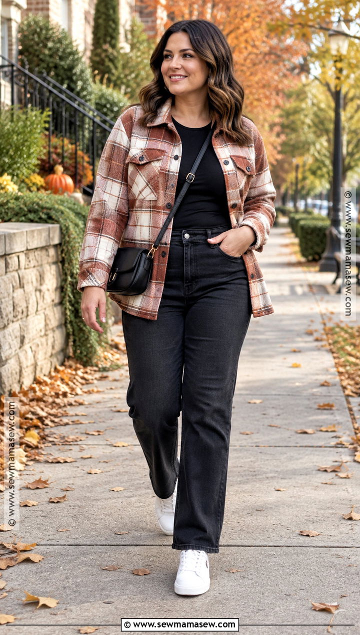 Plaid Shacket And Black Jeans Fall Outfit - 20 mid size fall fashion ideas