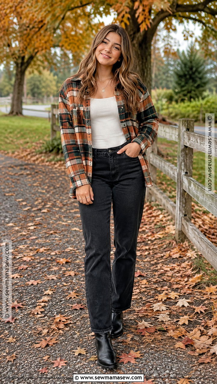 Plaid Shacket And Black Jeans Fall Senior Picture Outfit - 25 senior pictures outfits fall