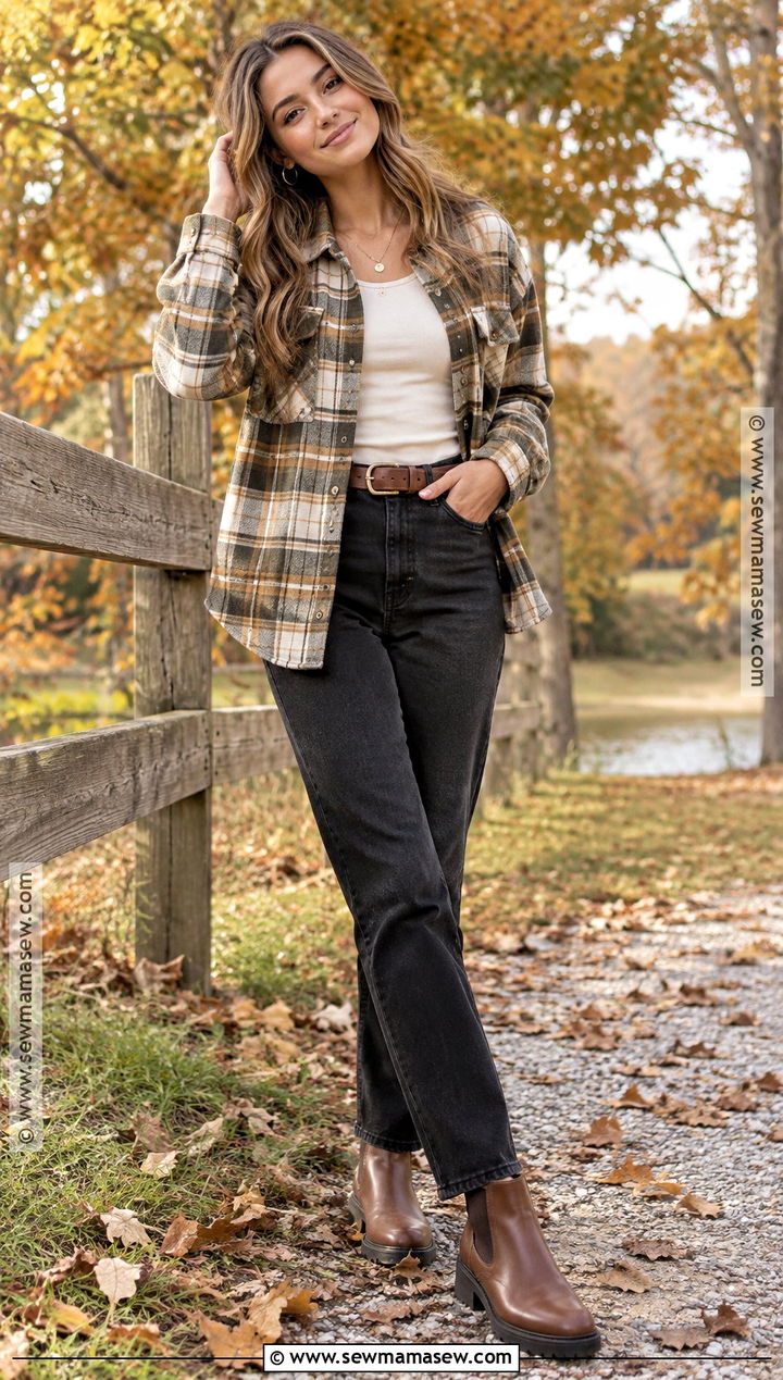 Plaid Shacket And Black Jeans Fall Senior Picture Outfit - 20 Fall Senior Picture Ideas Outfits