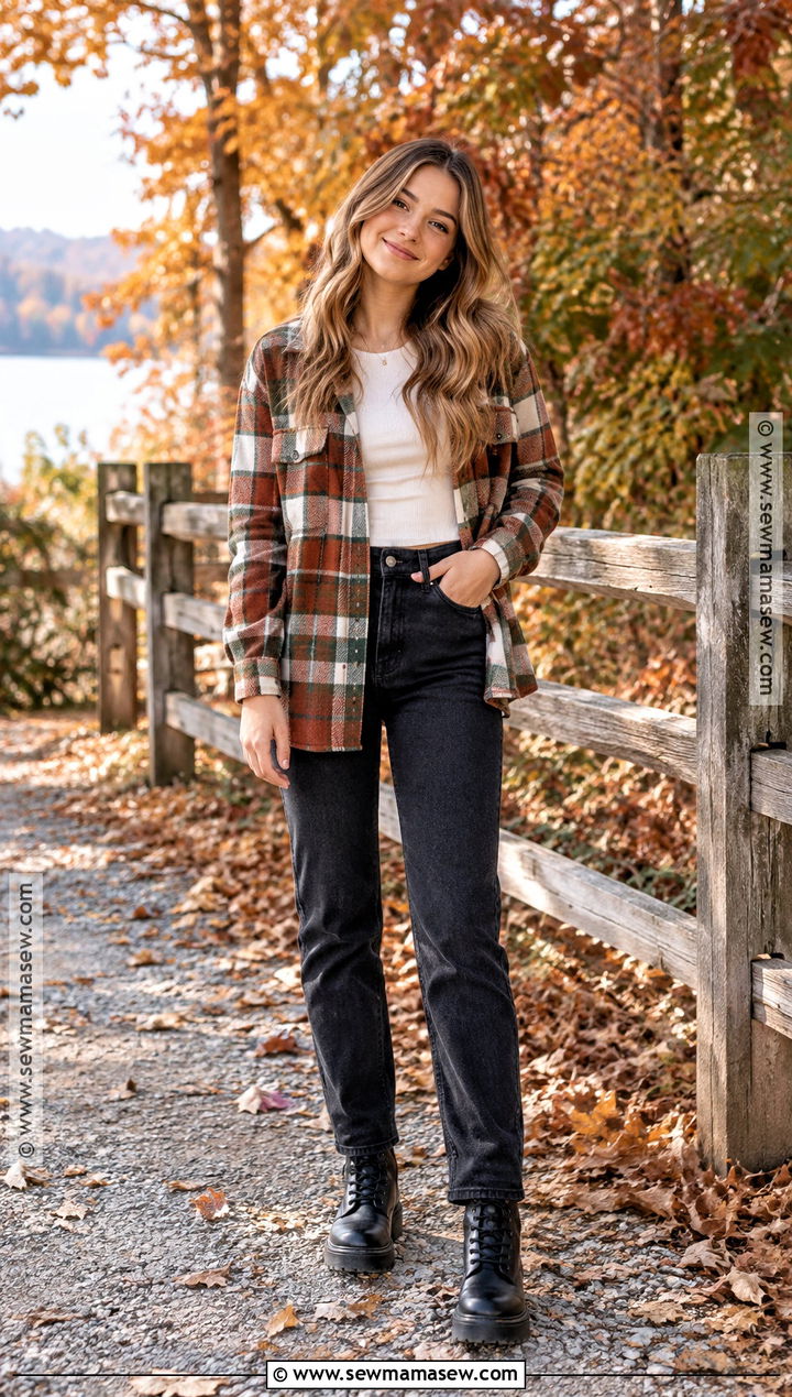 Plaid Shacket And Black Jeans Fall Senior Pictures Outfit - 25 fall senior pictures outfits