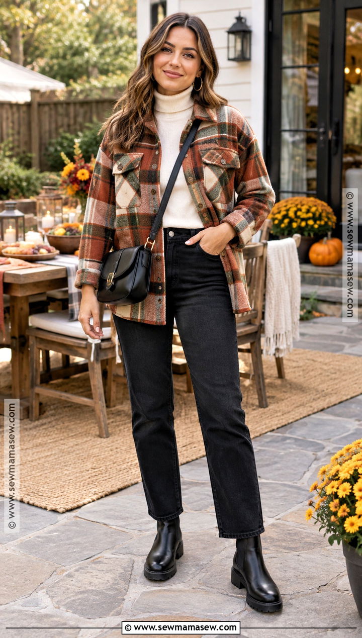 Plaid Shacket And Black Jeans Friendsgiving Outfit - 25 friendsgiving outfits