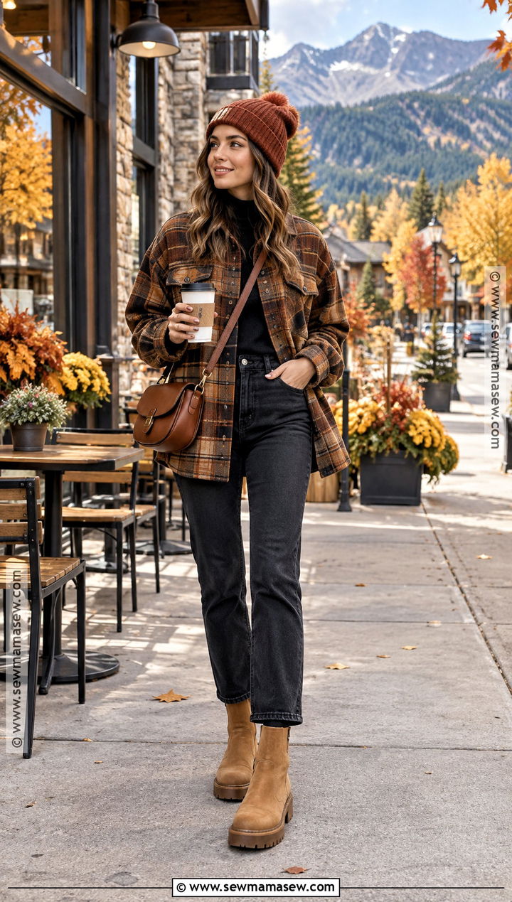 Plaid Shacket And Black Jeans Mountain Outfit - 15 mountain vacation outfits fall