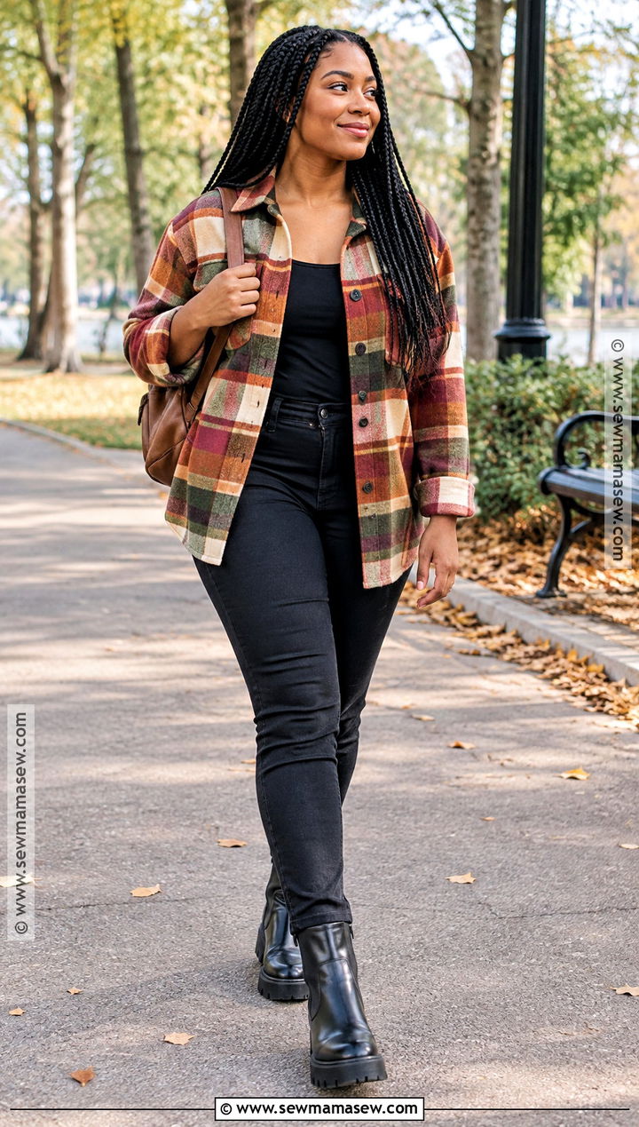 Plaid Shacket And Black Jeans Outfit - 15 black hair fall outfit ideas