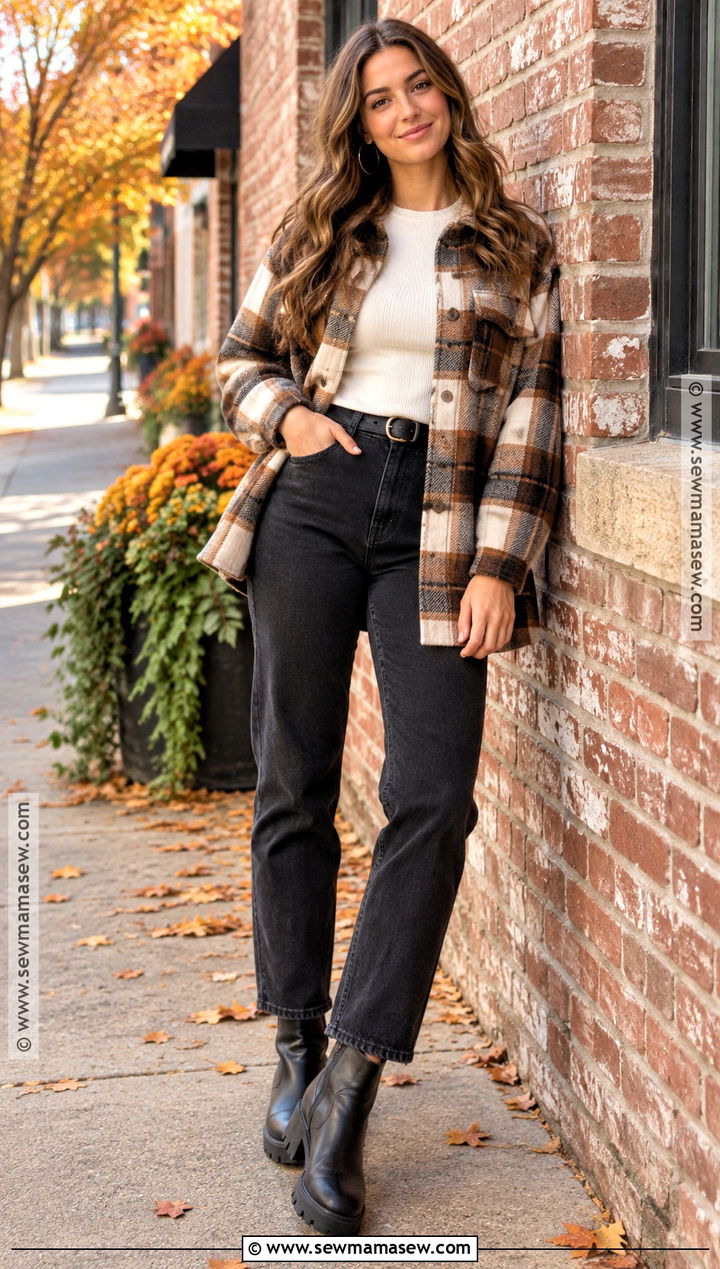 Plaid Shacket And Black Jeans Senior Pic Outfit - 15 senior pic fall outfits