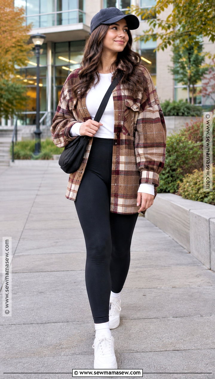 Plaid Shacket And Black Leggings Autumn Outfit - 15 Girl Autumn Clothes