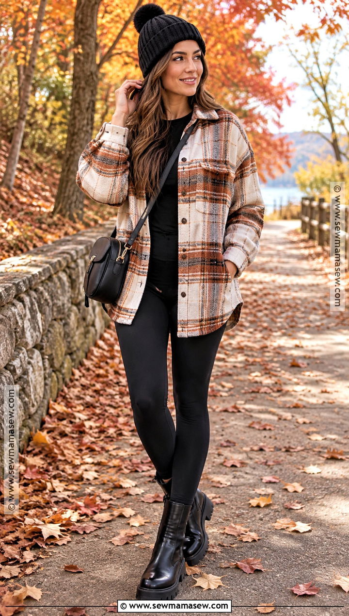 Plaid Shacket And Black Leggings Autumn Outfit - 20 autumn cozy outfit ideas