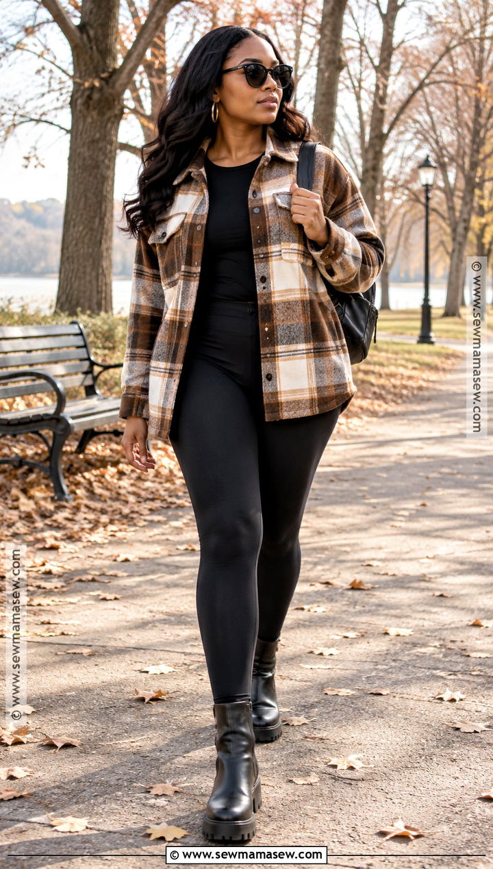 Plaid Shacket And Black Leggings Autumn Outfit - 25 autumn outfits for black women