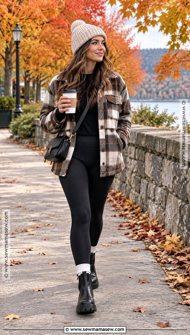 Plaid Shacket And Black Leggings Coffee Outfit - 20 Fall Coffee Outfit Ideas