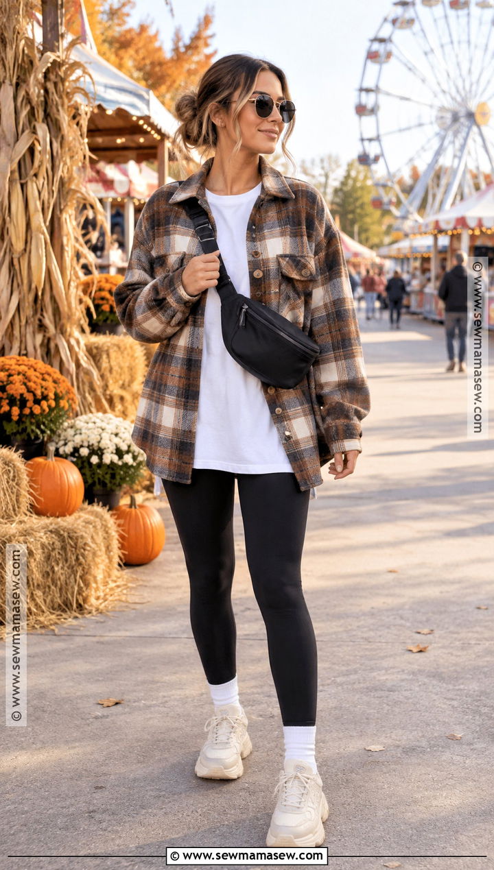 Plaid Shacket And Black Leggings Fall Fair Outfit - 20 Fall Fair Outfit Ideas
