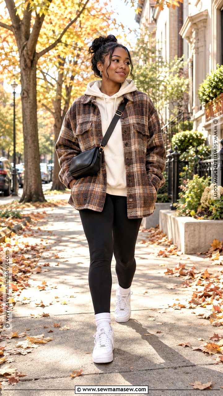 Plaid Shacket And Black Leggings Fall Outfit - 20 cozy fall outfits for black women
