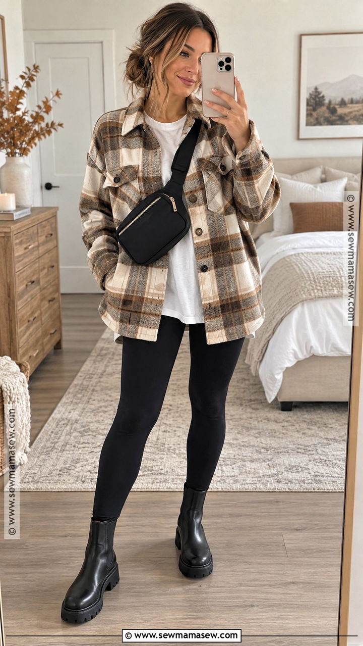 Plaid Shacket And Black Leggings Fall Outfit - 20 fall outfit with jacket ideas