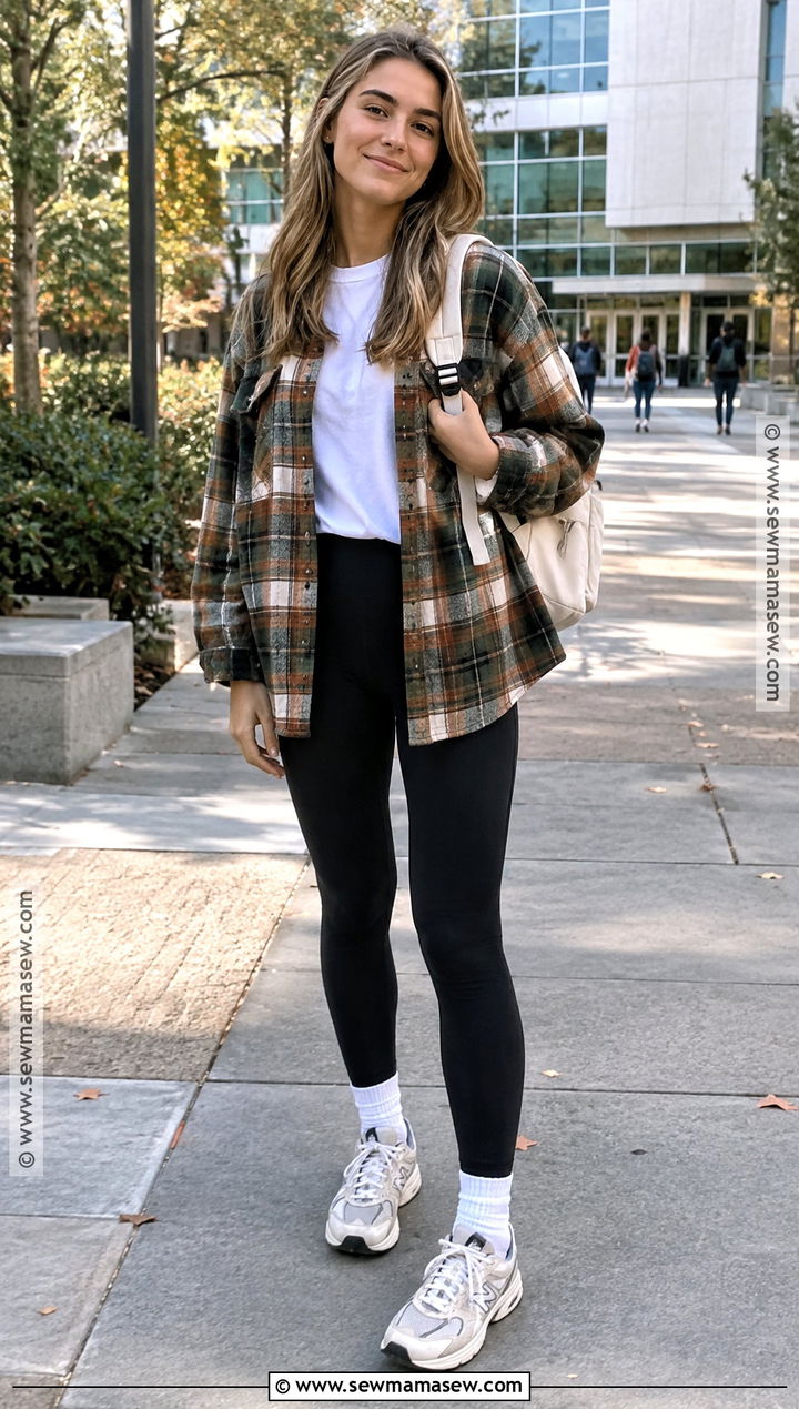 Plaid Shacket And Black Leggings Fall School Outfit - 15 cute fall back to school outfits