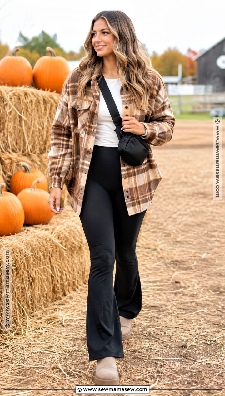 Plaid Shacket And Black Leggings Pumpkin Patch Outfit - 20 Pumpkin Patch Outfit Women Fall Ideas