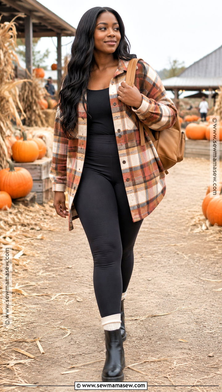 Plaid Shacket And Black Leggings Pumpkin Patch Outfit - 25 pumpkin patch outfit ideas for black women
