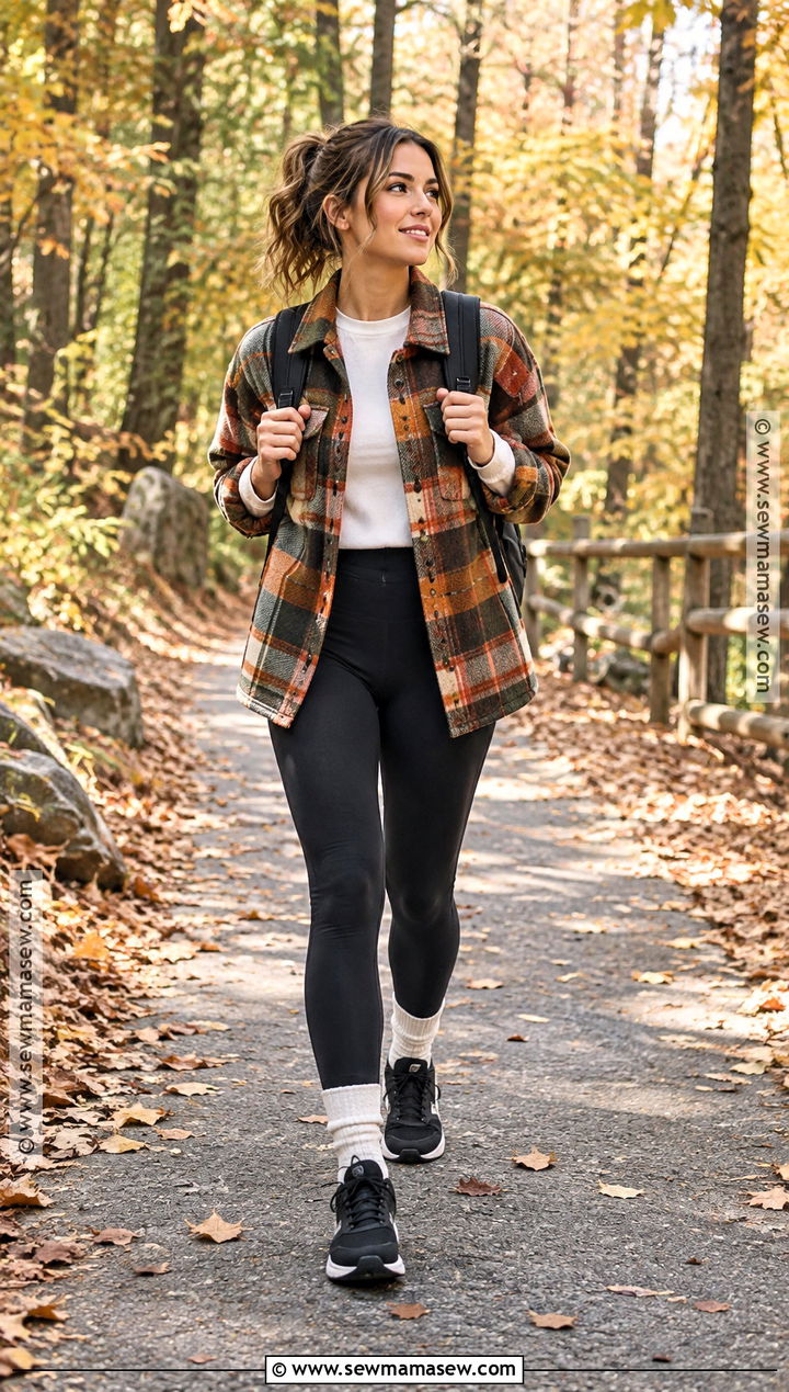 Plaid Shacket And Black Leggings Walking Outfit - 15 Cute Walking Outfits Fall