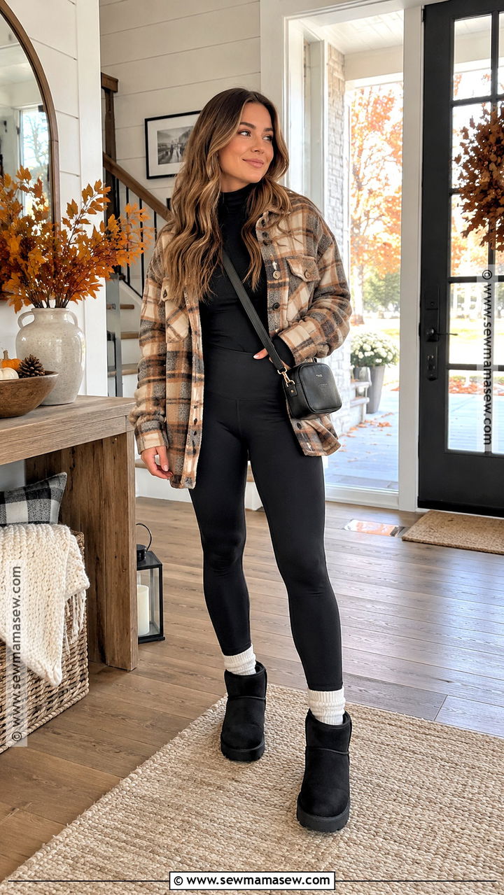 Plaid Shacket And Black Leggings With Uggs - 20 Thanksgiving Outfit With Uggs Ideas
