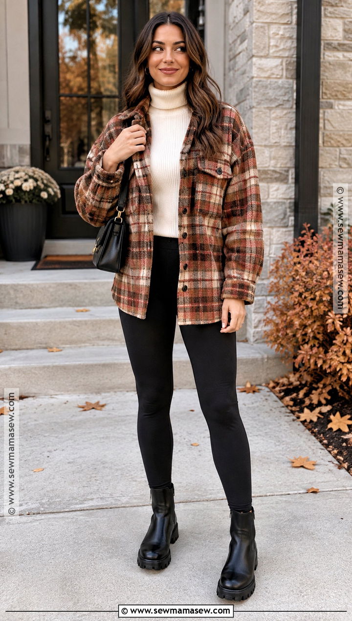 Plaid Shacket And Black Leggings - 20 Thanksgiving Outfits With Leggings