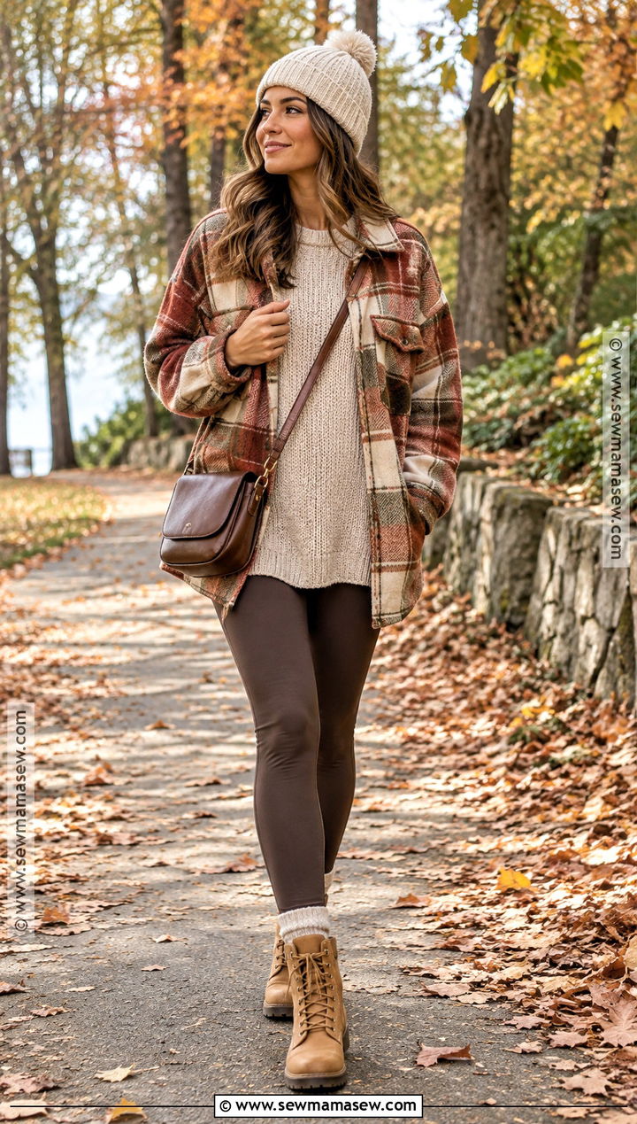 Plaid Shacket And Brown Leggings Autumn Outfit - 15 earthy outfits autumn