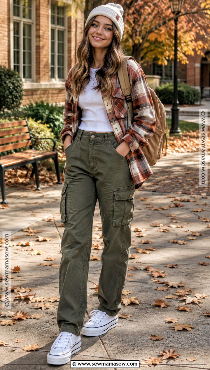 Plaid Shacket And Cargo Pants School Outfit - 20 School Outfit Inspo Fall Ideas