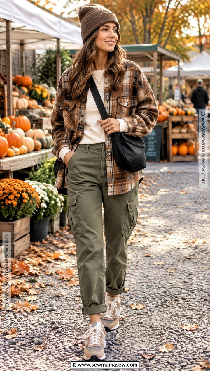 Plaid Shacket And Cargo Pants With Sneakers - 15 fall outfit inspiration with sneakers