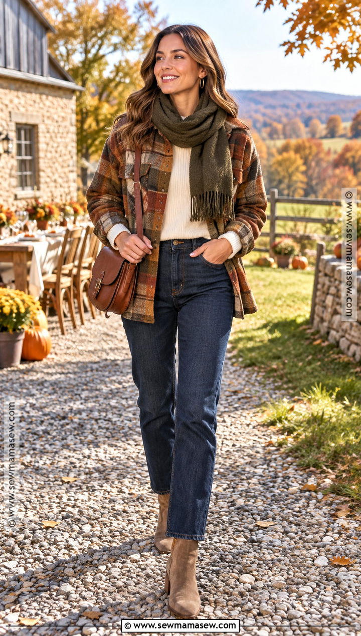 Plaid Shacket And Dark Jeans Thanksgiving Outfit - 20 thanksgiving dinner outfit ideas for women