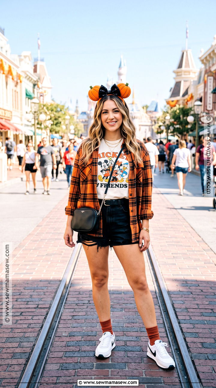 Plaid Shacket And Disney T Shirt With Shorts Outfit - 25 october disney outfits