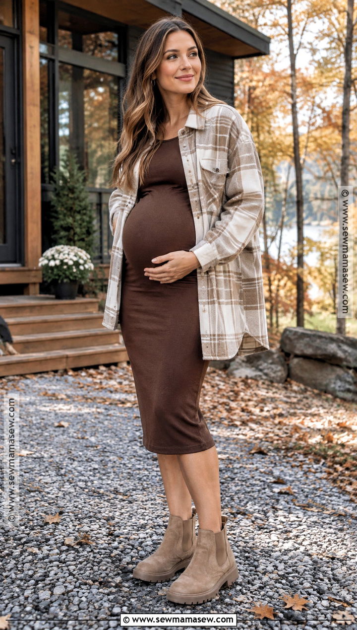 Plaid Shacket And Fitted Maternity Dress Outfit - 15 fall maternity outfits for photoshoot casual
