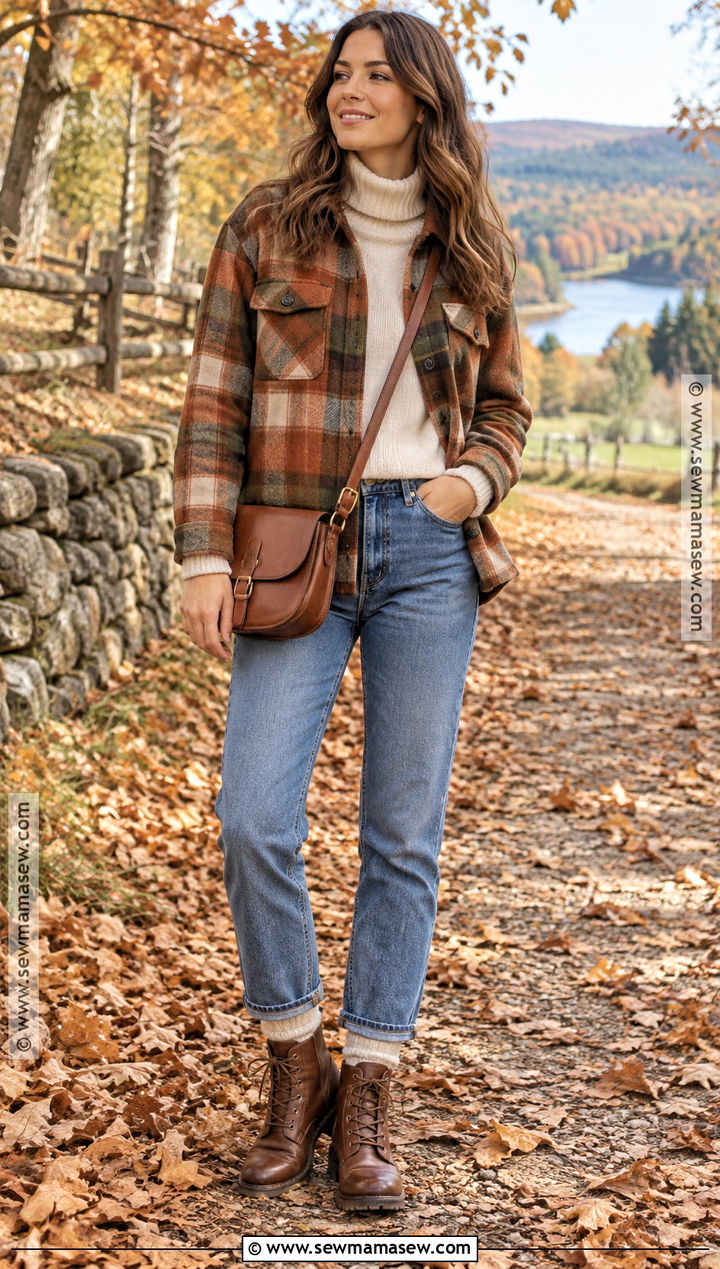 Plaid Shacket And Jeans Autumn Outdoor Outfit - 20 autumn outdoor outfits