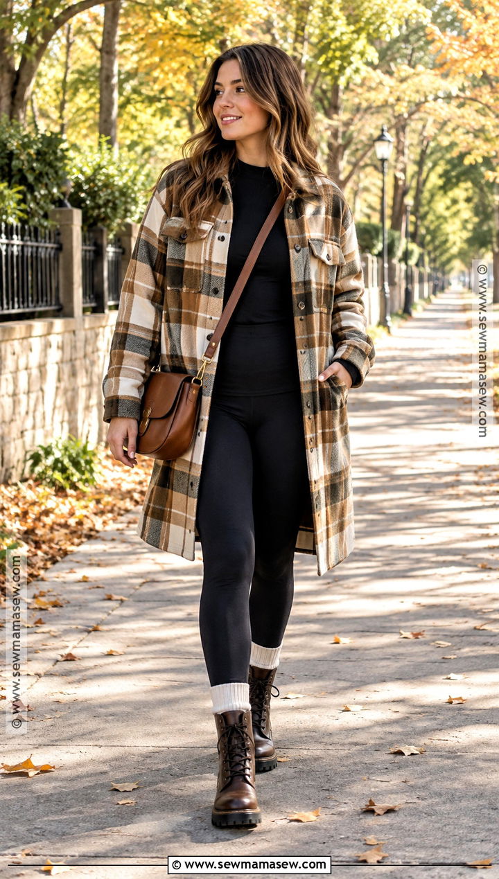 Plaid Shacket And Leggings Fall Lounge Outfit - 20 lounge fall outfits