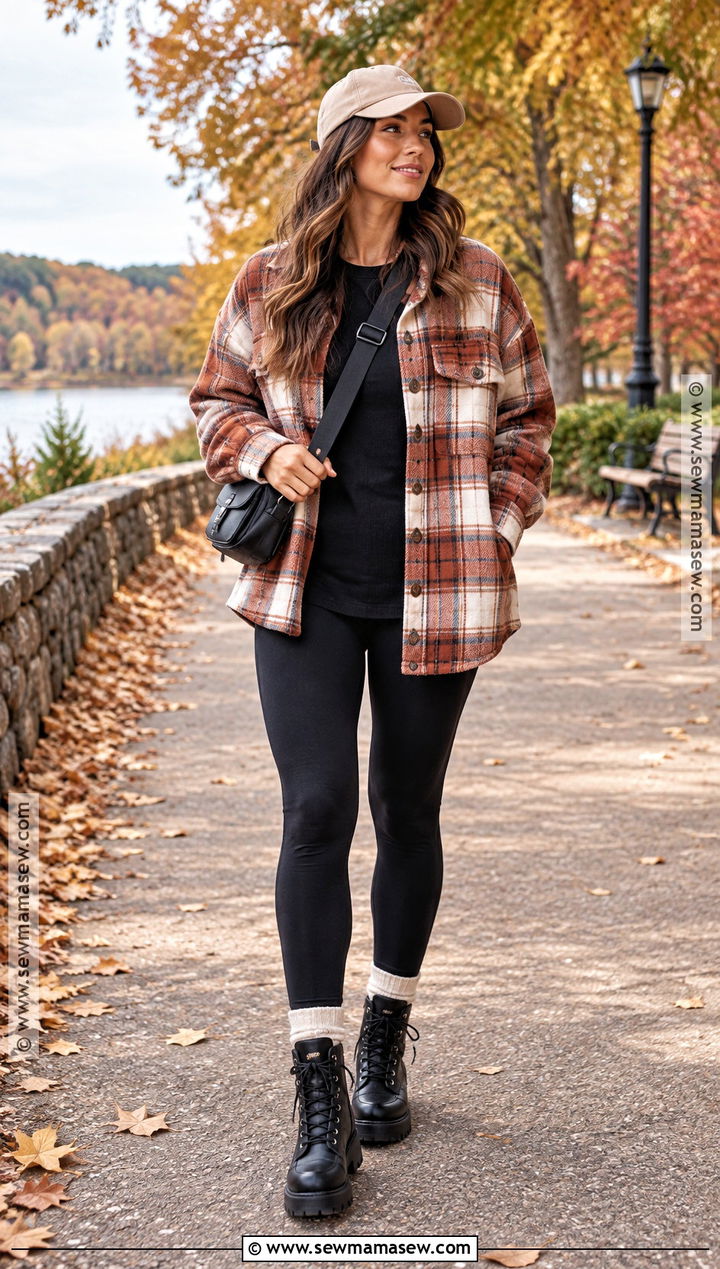 Plaid Shacket And Leggings Fall Outfit - 25 cute outfits for fall