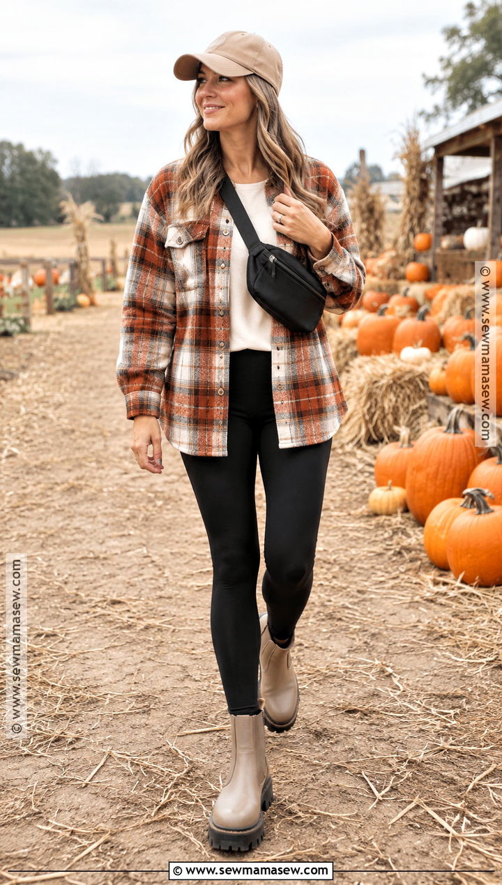 Plaid Shacket And Leggings Pumpkin Patch Outfit - 20 Mom Pumpkin Patch Outfit Ideas