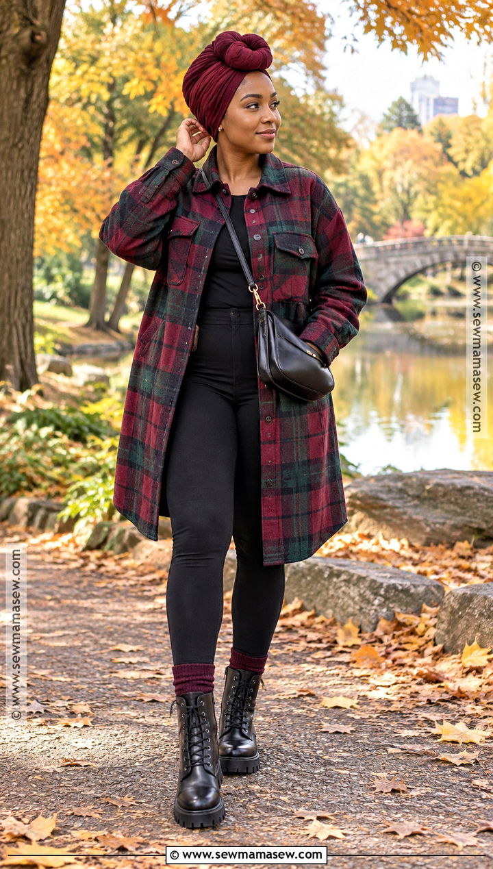 Plaid Shacket And Leggings With Headwrap - 15 Fall Headwrap Outfit Ideas