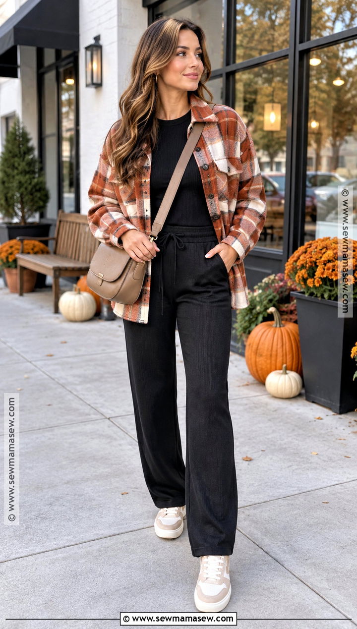 Plaid Shacket And Lounge Pants Outfit - 25 fall lounge outfits
